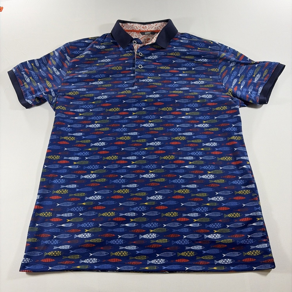 BOHIO Fish Print Polo Shirt Short Sleeve Coastal Ocean Theme Blue Size Large